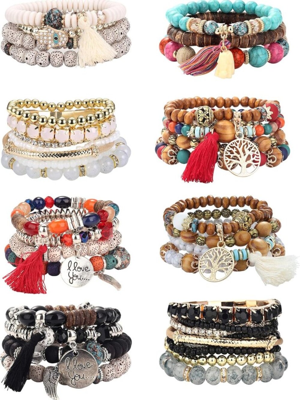 Bohemian Stackable Bead Bracelets Set for Women - Stretch Multilayered Jewelry